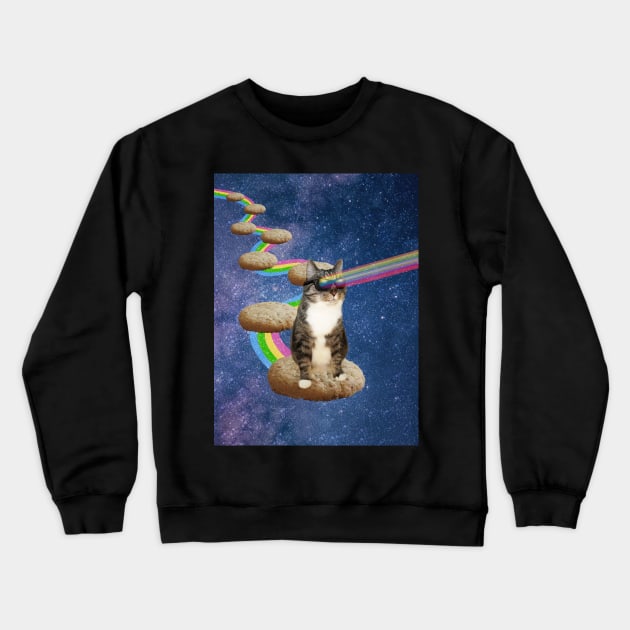 Cute tabby cat in space shooting rainbows from the sunglasses Crewneck Sweatshirt by Purrfect